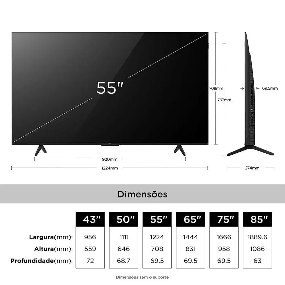 Smart TV TCL 55 Polegadas 55P7L QLED 4K P7L WiFi Bluetooth Google TV HDR10 120 Hz VRR AIPQ - Imagem 3
