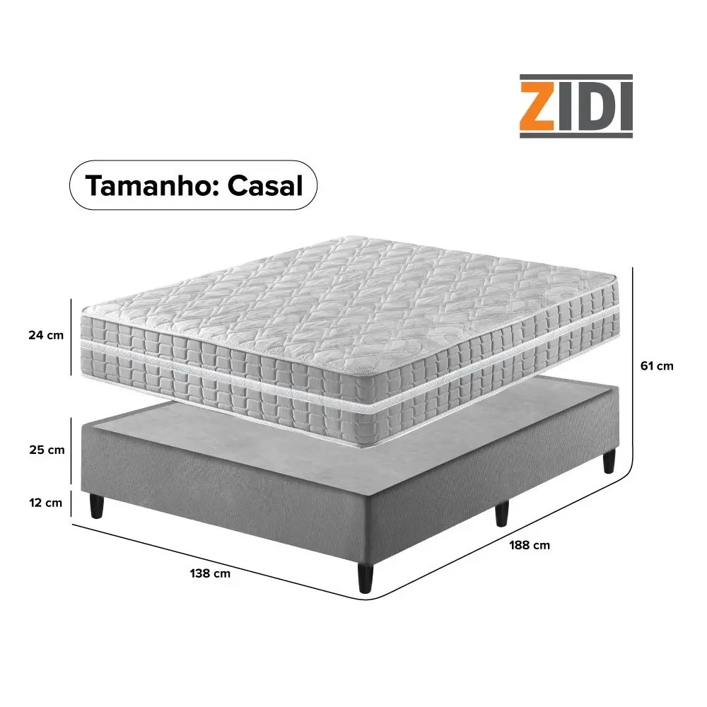 Cama Box Casal Cinza Colchão Molas Ensacadas Zidi Alabama 138x188x61cm - Imagem 3