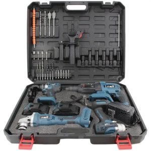 Kit de Ferramentas Nell 39 Peças 4 em 1 com Parafusadeira Martelete Rompedor/Perfurador Esmerilhadeira Chave de Impacto 2 baterias de 3.0Ah e Carregador